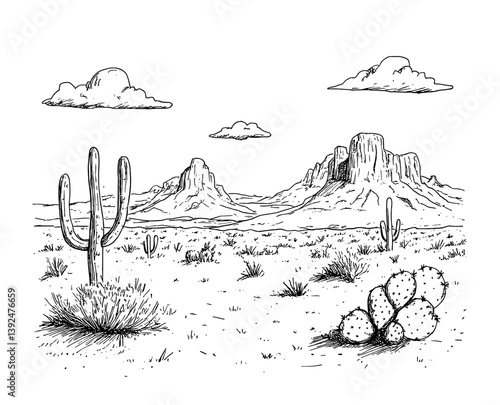 Wild West prairie desert with cactuses and mountains. Vintage cowboy scene.