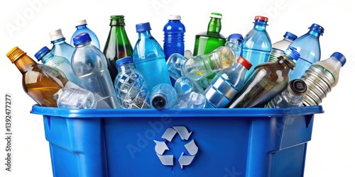 A blue recycling bin overflowing with a variety of plastic bottles and aluminum cans in different shapes and sizes , pollution, environmental conservation