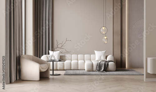 Minimalist modern living room interior background, living room mockup, empty wall mockup, 3d rendering