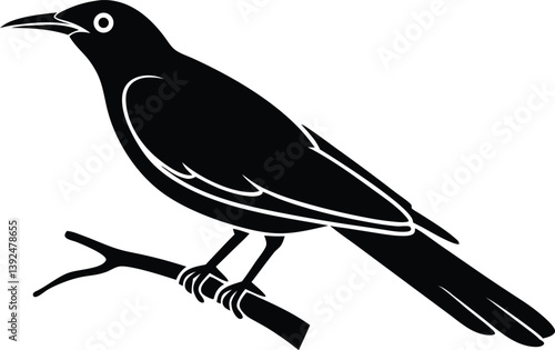 Beautiful Golden Oriole bird sitting forward on the branch silhouette black color vector illustration 