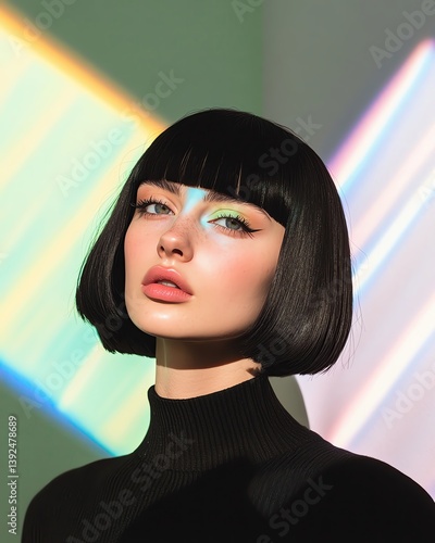 Beautiful woman with a black and blue or black and green bob haircut fashion portrait, black and blue or black and green bob haircut editorial style, modern black and blue or black and green bob hairc