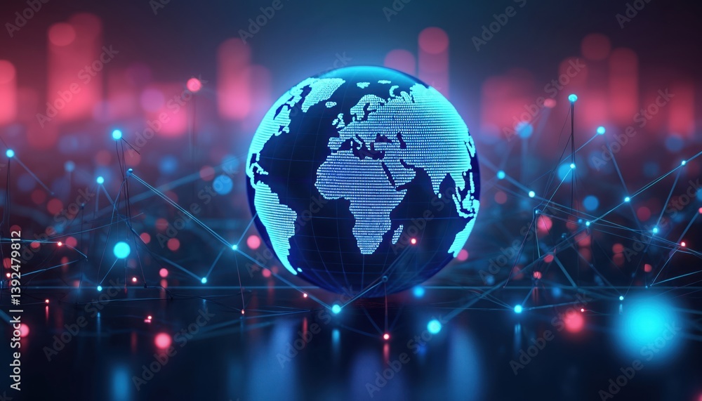 Digital globe with worldwide tech network. Futuristic concept showing global tech, business connections. Blue planet, data nodes, lines represent connectivity. Digital transformation worldwide, Digital globe with worldwide tech network. Futuristic concept showing global tech, business connections. Blue planet, data nodes, lines represent connectivity. Digital transformation worldwide,
