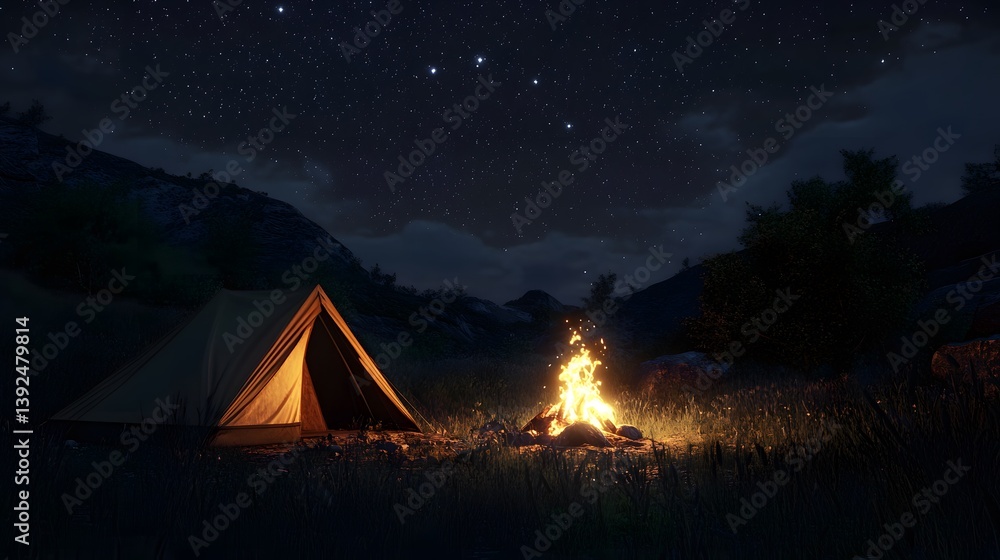A glowing campfire beside a tent under a starlit sky in the wilderness A glowing campfire beside a tent under a starlit sky in the wilderness
