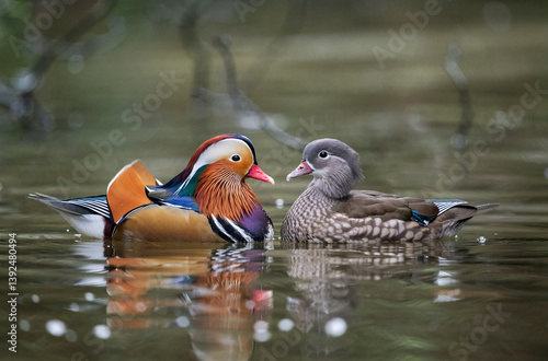 1Mandarin ducks (Aix galericulata) pair in breeding plumage, courtship display, the male lightly preening or gently plucking on the female's breast feathers, Stover Country Park, Newton Abbot, Devon, 
