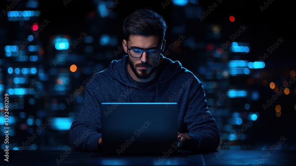 A focused individual working late at night on a laptop, symbolizing intense scholarly dedication and research in a modern urban environment. A focused individual working late at night on a laptop, symbolizing intense scholarly dedication and research in a modern urban environment.