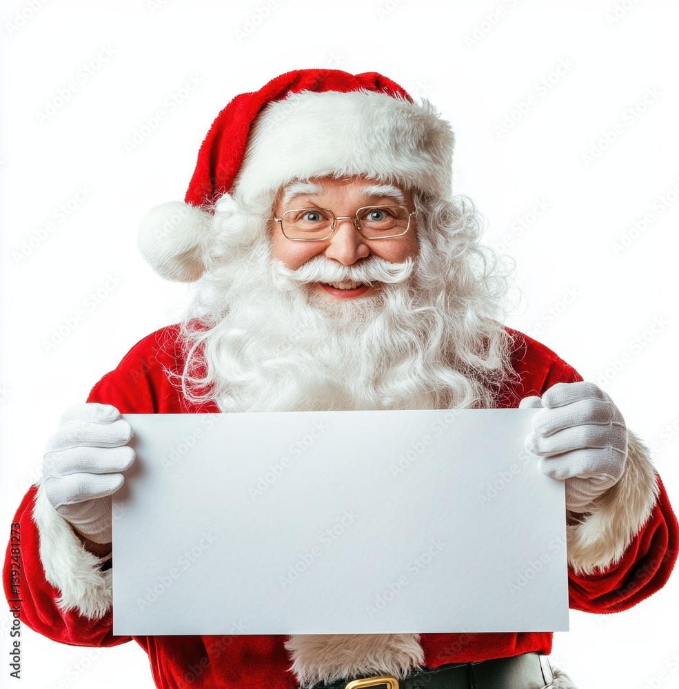 Santa Holding Sign: A jolly figure in a red suit with a long white beard, a cheerful smile, and twinkling eyes holds a blank sign in this festive, close-up portrait. Santa Holding Sign: A jolly figure in a red suit with a long white beard, a cheerful smile, and twinkling eyes holds a blank sign in this festive, close-up portrait.