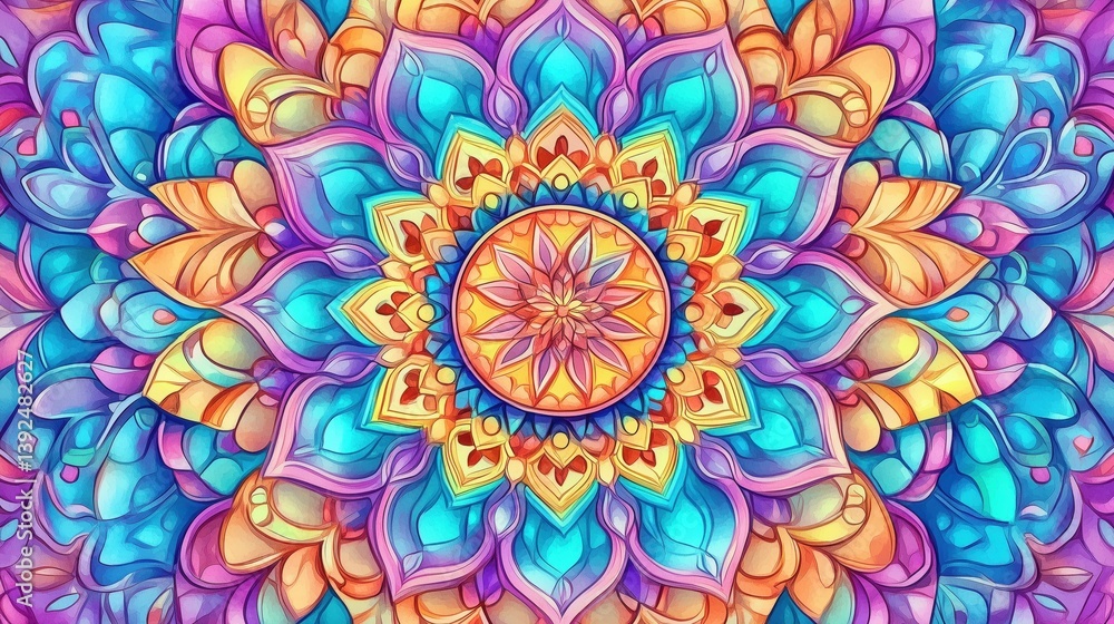 Colorful mandala design featuring intricate patterns and vibrant hues creating a harmonious visual experience Colorful mandala design featuring intricate patterns and vibrant hues creating a harmonious visual experience