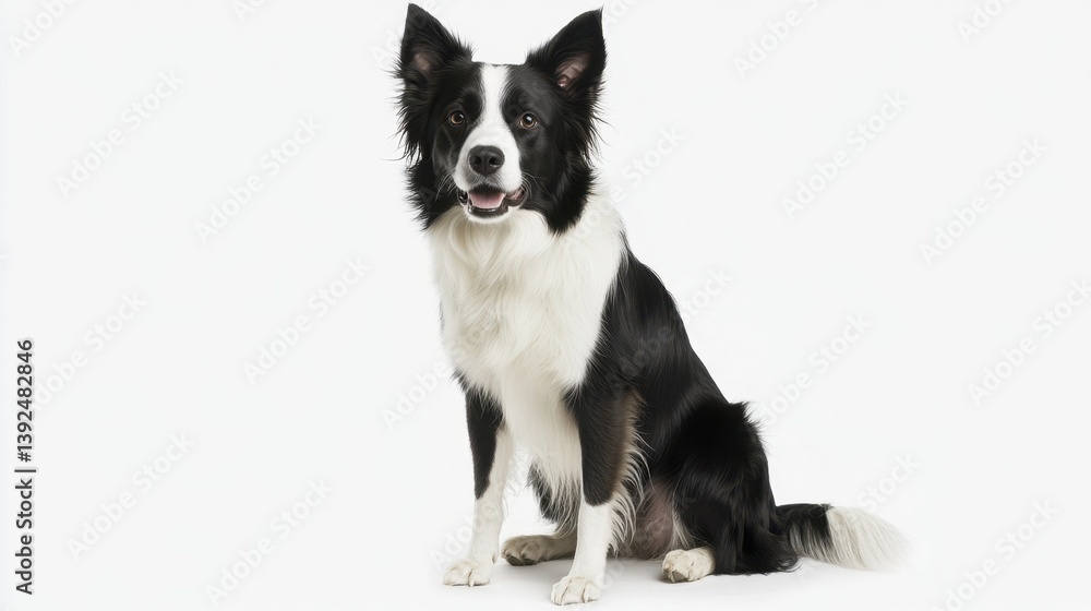 A striking black and white Border Collie sits attentively, gazing forward with intelligent eyes against a clean white background A striking black and white Border Collie sits attentively, gazing forward with intelligent eyes against a clean white background