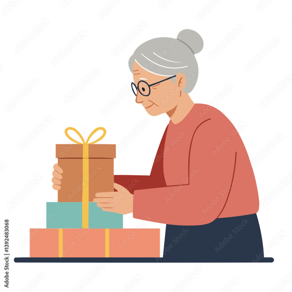 Elderly woman wrapping gifts with care, surrounded by ribbons, wrapping paper, and a festive atmosphere. A minimalist and flat vector design style featuring a simple color palette. Elderly woman wrapping gifts with care, surrounded by ribbons, wrapping paper, and a festive atmosphere. A minimalist and flat vector design style featuring a simple color palette.