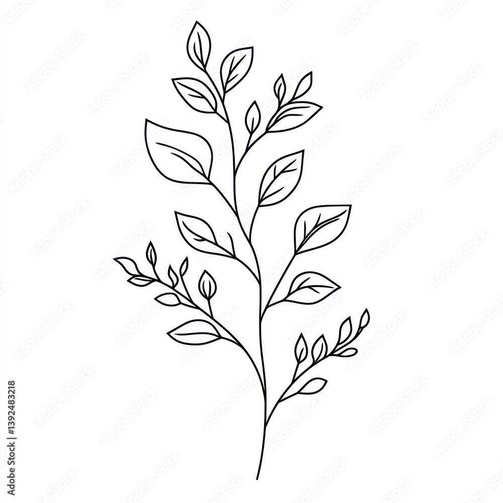Fototapeta premium A simple artistic linear drawing of a plant branch with leaves