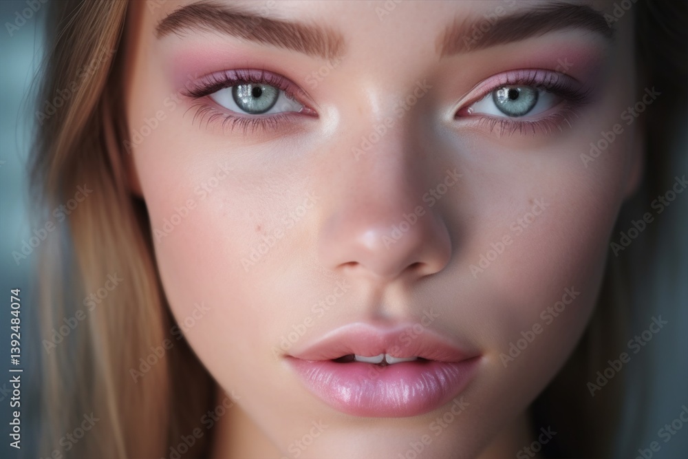 Young model's face in daylight. Natural makeup effect of wet skin. Young model's face in daylight. Natural makeup effect of wet skin.