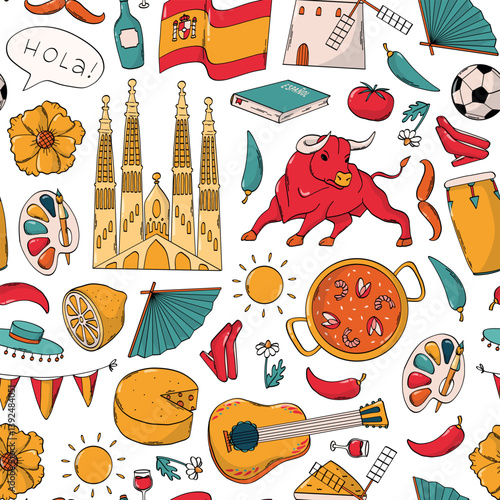 Spain themed doodles seamless pattern for backgrounds, wallpaper, prints, planners, digital paper, etc. Hand drawn cartoon elements of Spanish culture. EPS 10
