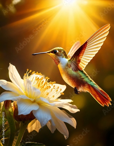 Beautiful golden colored hummingbird flying close to an open white flower in the sunlight, bird in nature, wings open in flight.