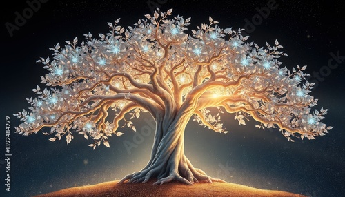 Luminous Tree: A majestic, ethereal tree bursts forth with radiant leaves and glowing light, a symbol of life, growth, and the interconnectedness of all things.