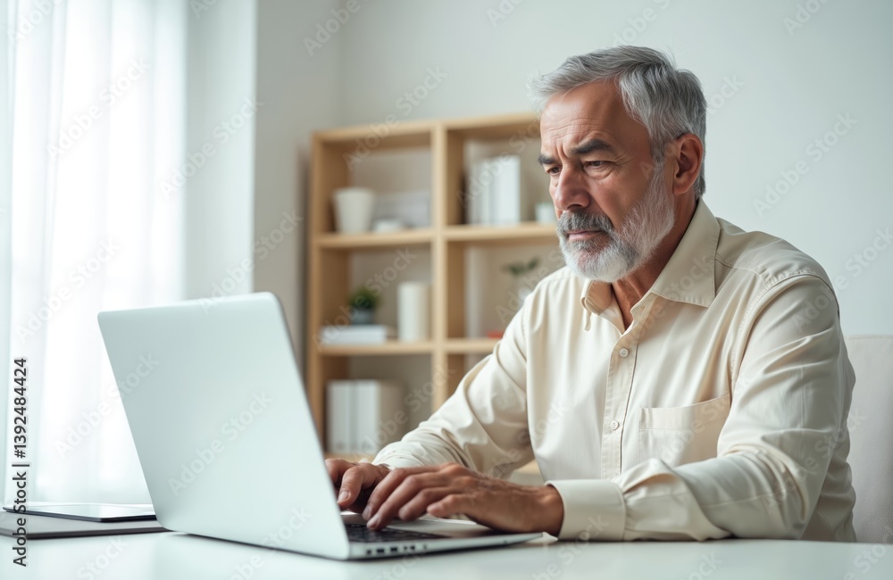 Mature businessman using laptop computer at work. Senior male worker typing, browsing online, searching or writing on computer. Older executive pro works in office. Serious aged man doing remote work. Mature businessman using laptop computer at work. Senior male worker typing, browsing online, searching or writing on computer. Older executive pro works in office. Serious aged man doing remote work.