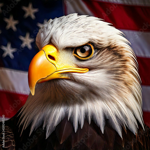 Closeup portrait of a bald eagle with an American flag background, patriotic symbol, American pride, freedom, USA, United States of America, red, white, blue.