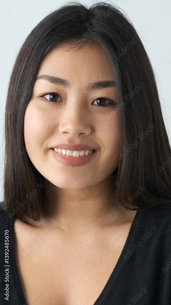 Portrait of a positive and joyful Asian woman radiating happiness on a white background. Good mood and personal expression. Vertical video. Portrait of a positive and joyful Asian woman radiating happiness on a white background. Good mood and personal expression. Vertical video.