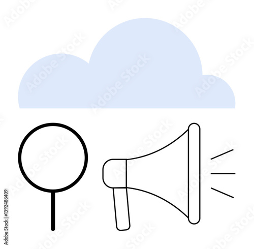 Magnifying glass, megaphone, and cloud suggest discovery, promotion, and data sharing. Ideal for marketing, technology, cloud services, communication research networking information systems flat