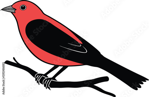 Beautiful scarlet tanager bird sitting on the branch silhouette black vector illustration