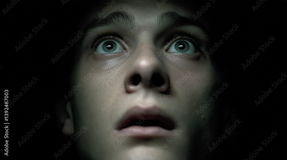 Fearful eyes dark room portrait emotional expression close-up Fearful eyes dark room portrait emotional expression close-up