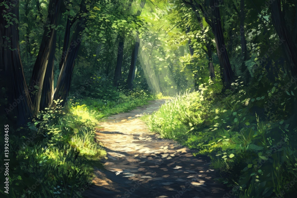 Naklejka premium Sunlit Path Through a Lush, Green Forest