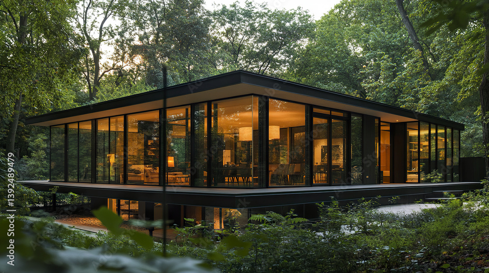 Modern glass house with large floor to ceiling windows in forest setting Modern glass house with large floor to ceiling windows in forest setting