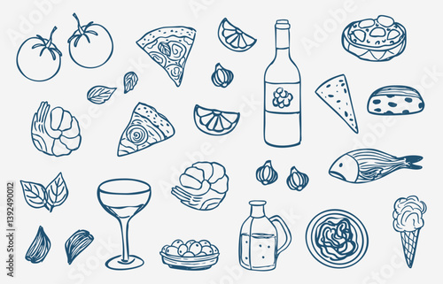 hand drawn italian food set. Doodles pasta, wine, garlic, cheeses, olive oil, fish, pizza. mediterranean food isolated on white background, Vector illustration