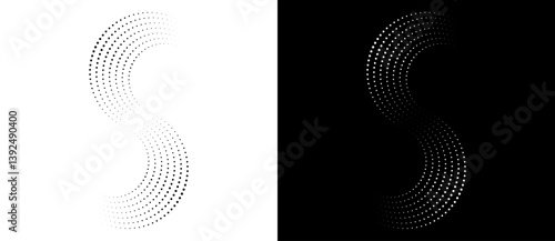 Spiral as halftone dotted abstract infinity symbol. Black shape S letter on a white background and the same white shape on the black side.