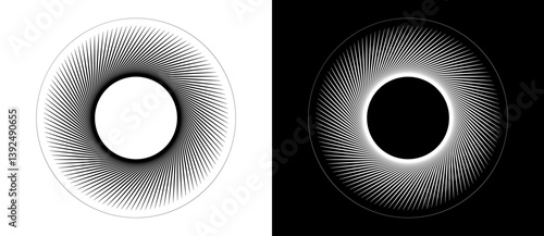 Art sun concept background. Tattoo template or logo with lines. Black shape on a white background and the same white shape on the black side.
