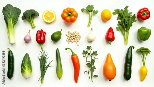 Fresh Vegetables and Herbs Flat Lay on White Background for Healthy Cooking