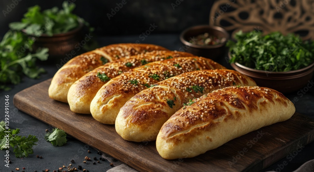 Appetizing golden baked breads are presented on a wooden board Appetizing golden baked breads are presented on a wooden board