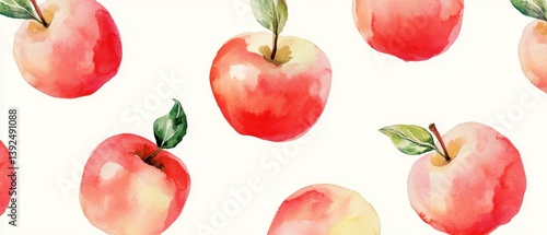 A watercolor painting of several apples with green leaves