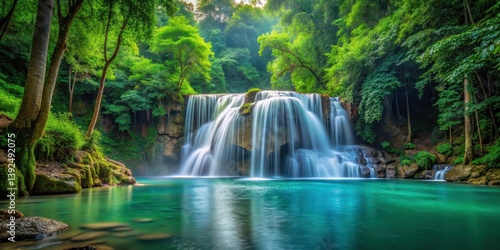 Waterfall in dense forest, water feature, calm waters,  water feature, calm waters
