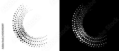 Modern abstract background. Halftone dots in spiral form. Round logo, design element or icon. Vector dotted frame. A black figure on a white background and an equally white figure on the black side.