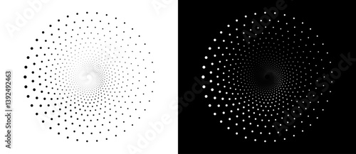 Modern abstract background. Halftone dots in circle. Round logo. Vector dotted spiral. Design element or icon. Black dots on a white background and white dots on the black side.