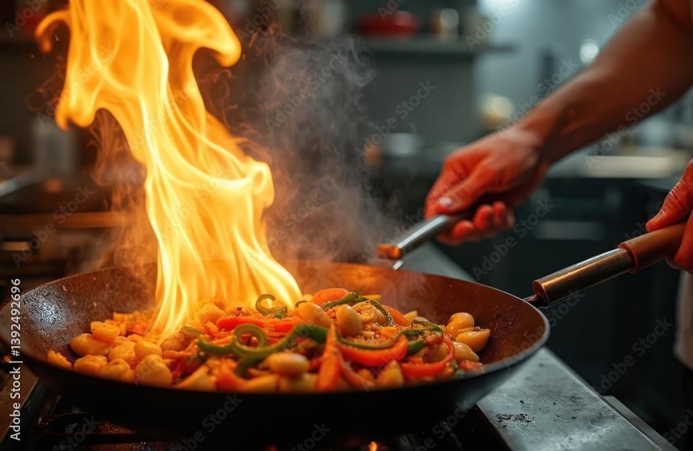 Chef cooking food with fire in wok at pro kitchen. Man hands keeps wok, flames above. Cooking process. Culinary experience. Stir fry, asian cuisine. Restaurant, eatery. Hot food, dish. Chef cooking food with fire in wok at pro kitchen. Man hands keeps wok, flames above. Cooking process. Culinary experience. Stir fry, asian cuisine. Restaurant, eatery. Hot food, dish.