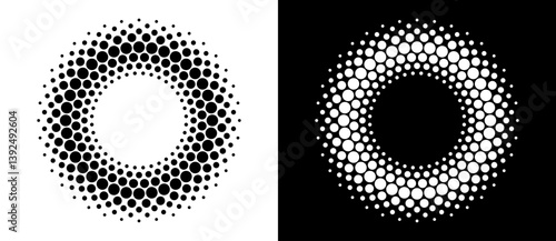 Modern abstract background. Halftone dots in circle form. Round logo, design element or icon. Vector dotted frame. A black figure on a white background and an equally white figure on the black side.