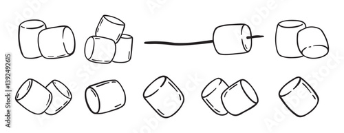 Marshmallows doodle hand drawn icon set. Outline drawing marshmallow line clipart symbol collection
