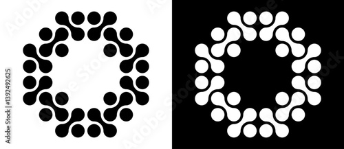 Abstract graphic design with dots like letter O. Technology logo, icon or symbol, molecule concept. Black shape on a white background and the same white shape on the black side.