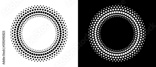 Modern abstract background. Halftone dots in circle form. Round logo, design element or icon. Vector dotted frame. A black figure on a white background and an equally white figure on the black side.
