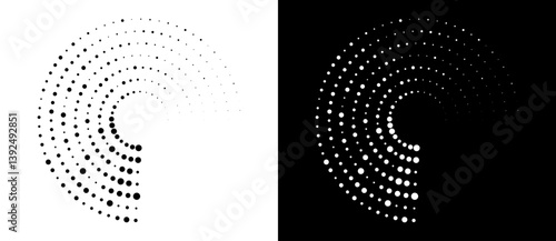 Modern abstract background. Halftone dots in spiral form. Round logo, design element or icon. Vector dotted frame. A black figure on a white background and an equally white figure on the black side.