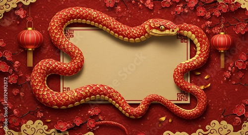 Wallpaper Mural Red Snake Lunar New Year 3D Render: Festive Scroll Design AI Generated Torontodigital.ca