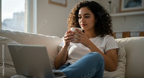 Woman Relaxing at Home with Laptop and Coffee AI Generated