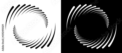 Spiral with lines as dynamic abstract vector background or logo or icon. Yin and Yang symbol. Black spiral on white background and white spiral on black background.