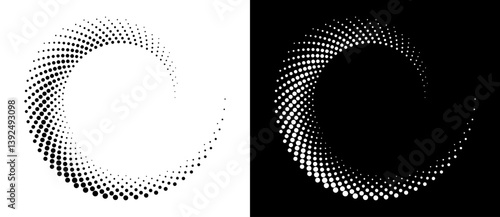 Modern abstract background. Halftone dots in spiral form. Round logo, design element or icon. Vector dotted frame. A black figure on a white background and an equally white figure on the black side.
