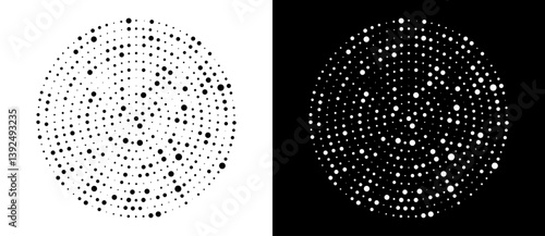 Modern abstract background. Halftone dots in circle form. Round logo, design element or icon. Vector dotted frame. A black figure on a white background and an equally white figure on the black side.