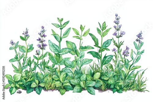 Wallpaper Mural A vibrant illustration depicting various herbs and plants, showcasing their lush green leaves and delicate purple flowers. Torontodigital.ca