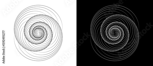 Spiral with lines as dynamic abstract vector background or logo or icon. Yin and Yang symbol. Black spiral on white background and white spiral on black background.