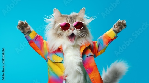 A fun-loving cat dressed in vibrant, colorful clothes and stylish sunglasses, dancing energetically against a light blue background 