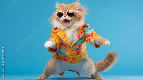 A fun-loving cat dressed in vibrant, colorful clothes and stylish sunglasses, dancing energetically against a light blue background 